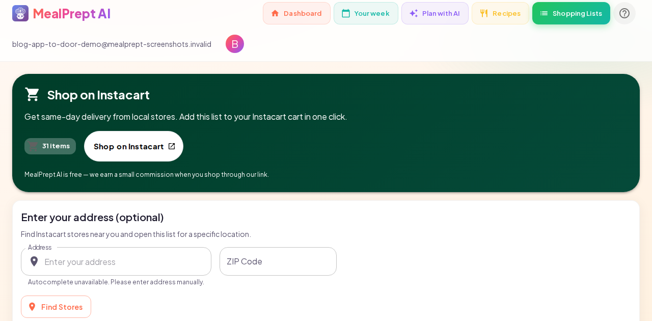 MealPrept AI meal plan flowing to Instacart grocery delivery — App to Door