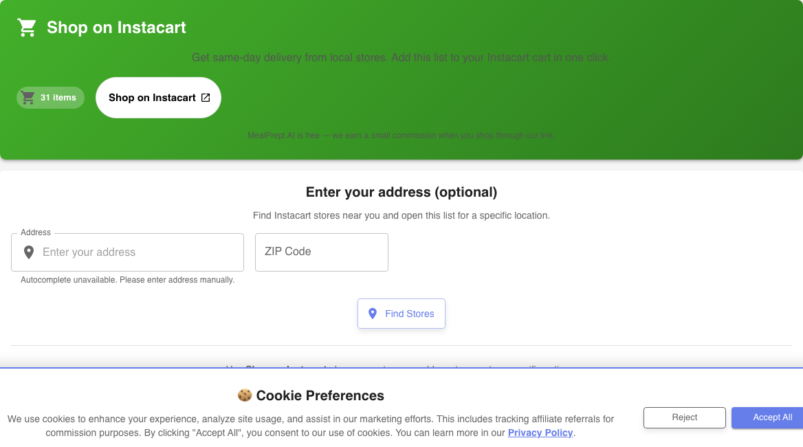 Shop on Instacart button on a MealPrept AI shopping list