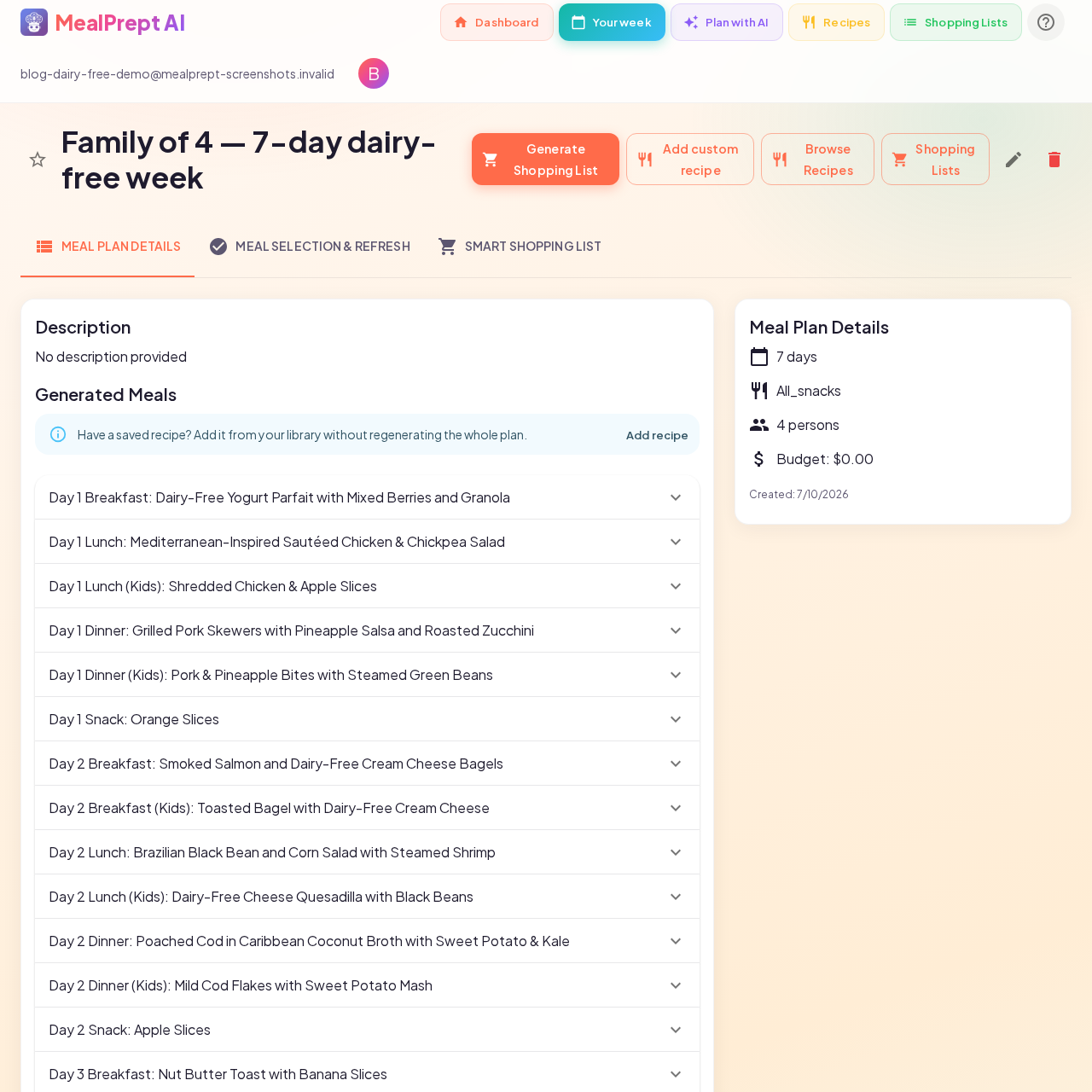 Saved MealPrept AI dairy-free meal plan Day 1