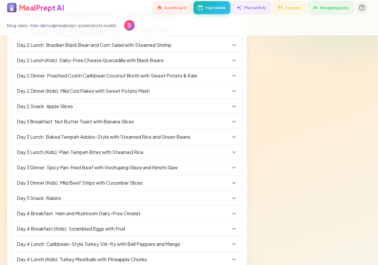 MealPrept AI 7-day dairy-free meal plan for a family of four