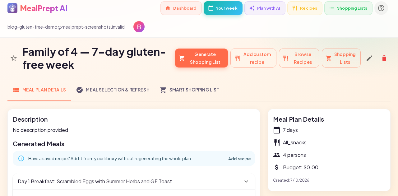 MealPrept AI 7-day gluten-free meal plan and Instacart list for a family of four