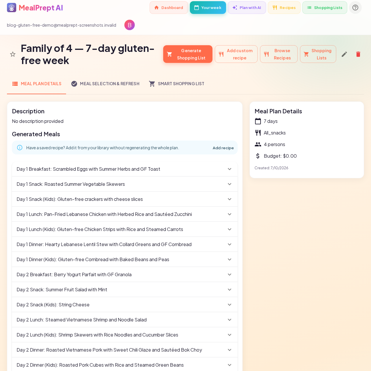 Saved MealPrept AI gluten-free meal plan Day 1