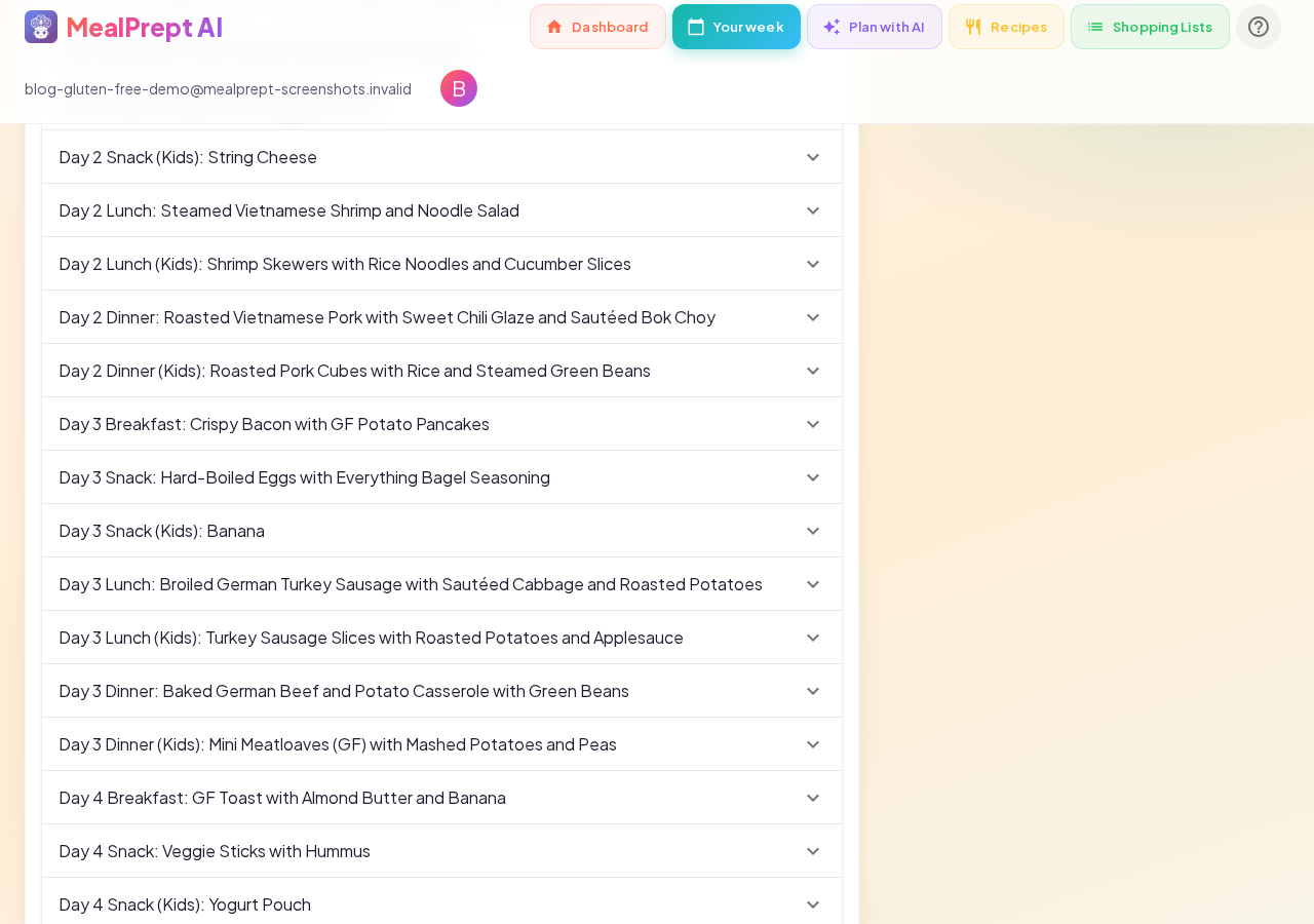 MealPrept AI 7-day gluten-free meal plan for a family of four