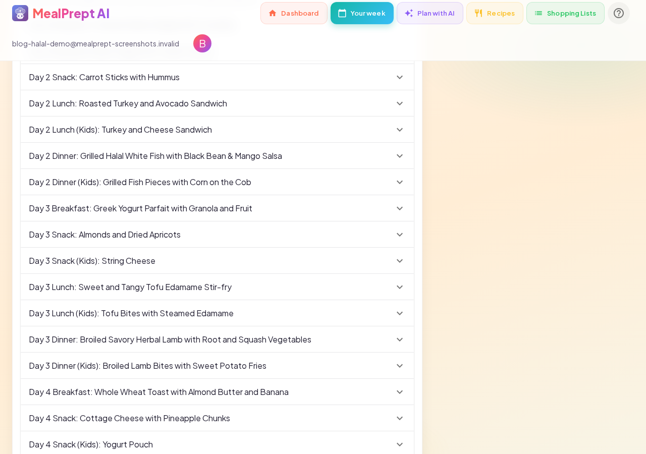 MealPrept AI 7-day halal meal plan for a family of four