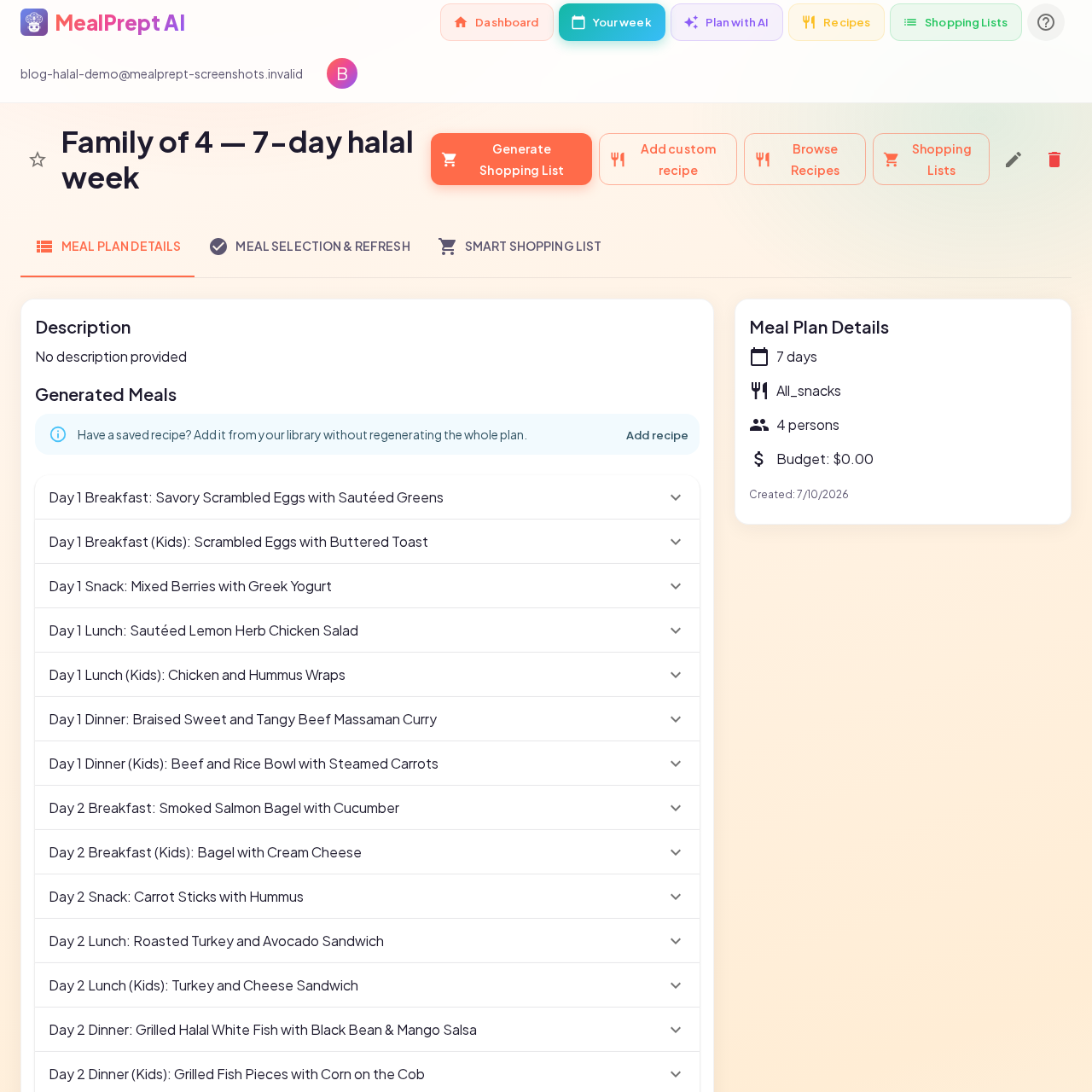 Day 1 halal meals and snacks in MealPrept AI
