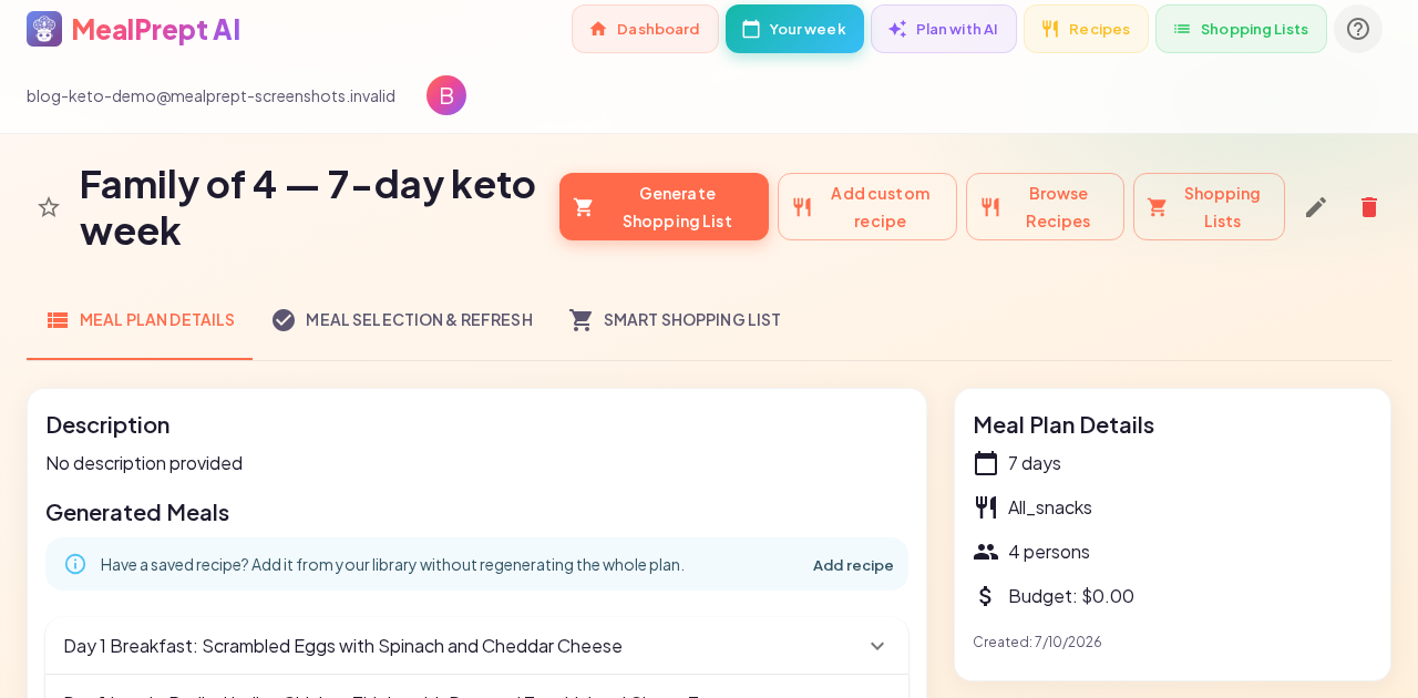 MealPrept AI 7-day keto meal plan and Instacart list for a family of four
