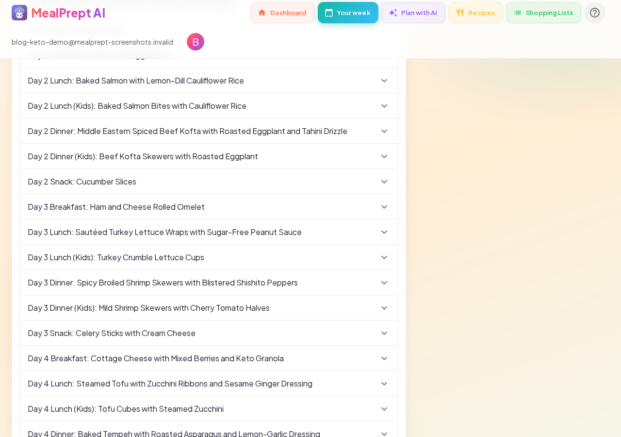 MealPrept AI 7-day keto meal plan for a family of four