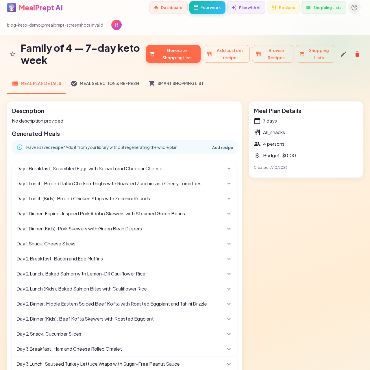 Day 1 keto meals and snacks in MealPrept AI