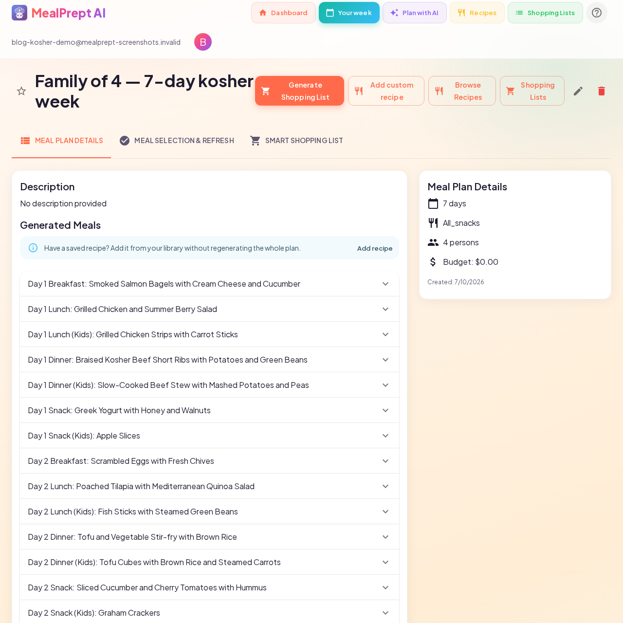Day 1 kosher meals and snacks in MealPrept AI