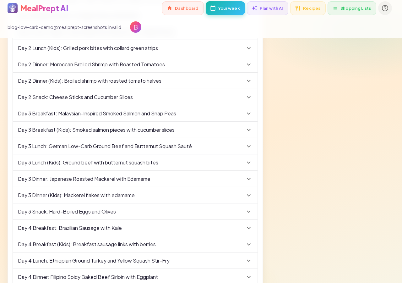 MealPrept AI 7-day low-carb meal plan for a family of four