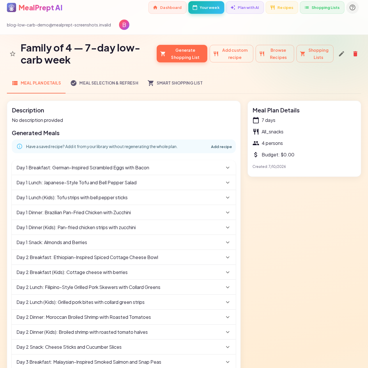 Day 1 low-carb meals and snacks in MealPrept AI