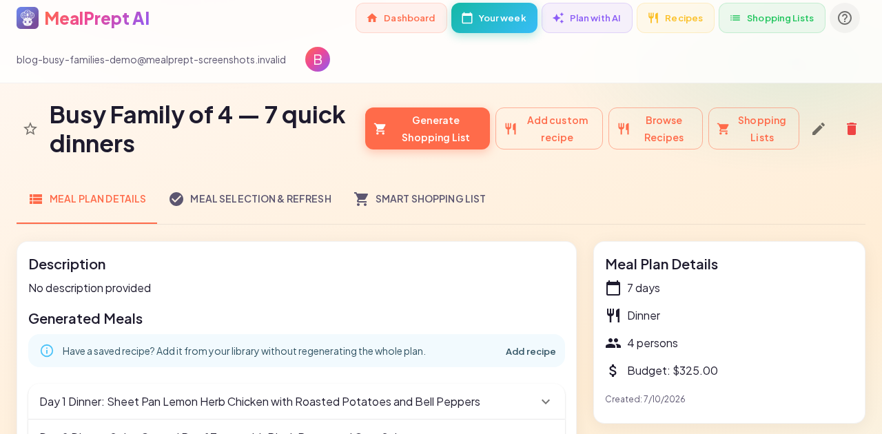 MealPrept AI 7-day dinner meal plan and Instacart list for busy families on a budget