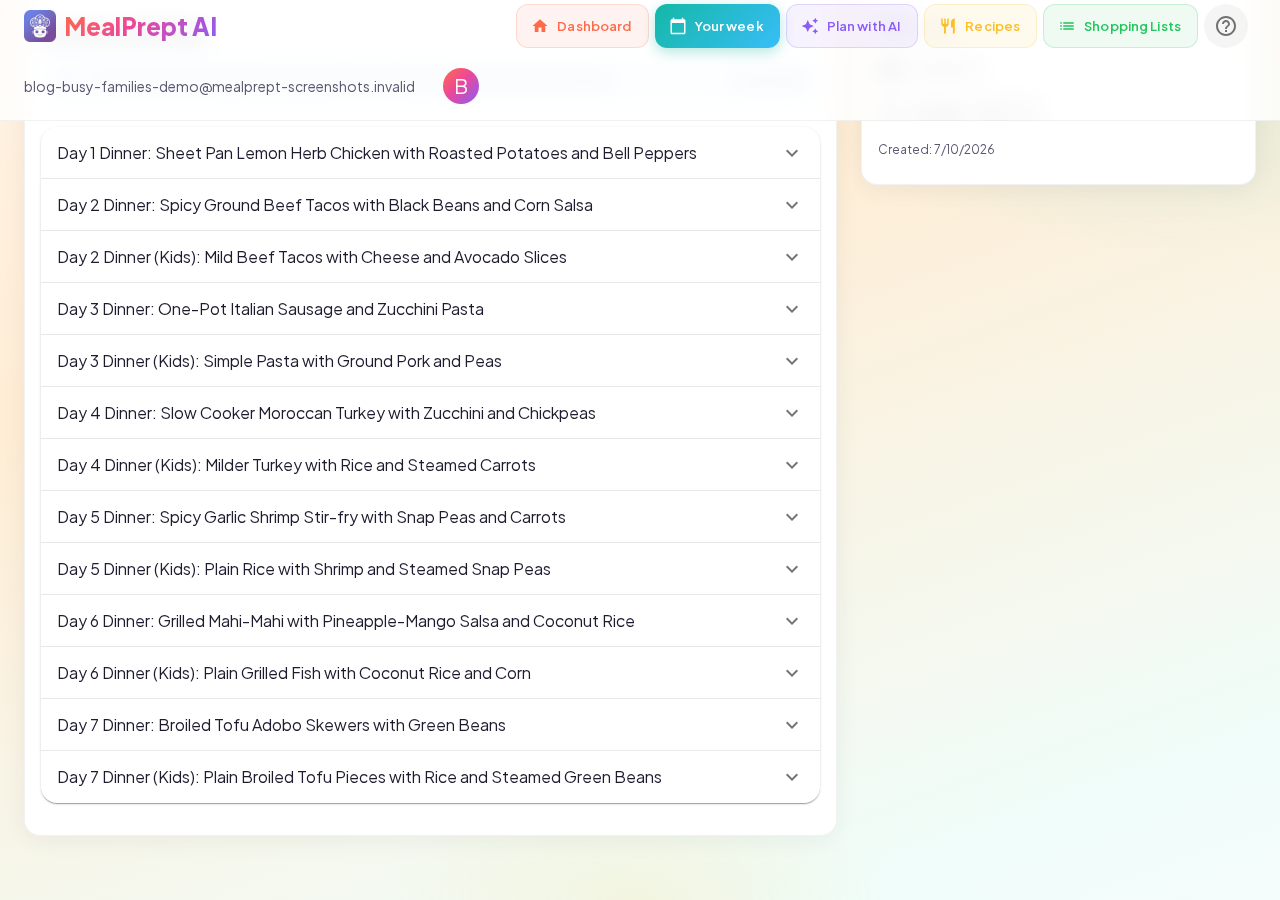 MealPrept AI 7-day family meal plan ideas and shopping list on a budget