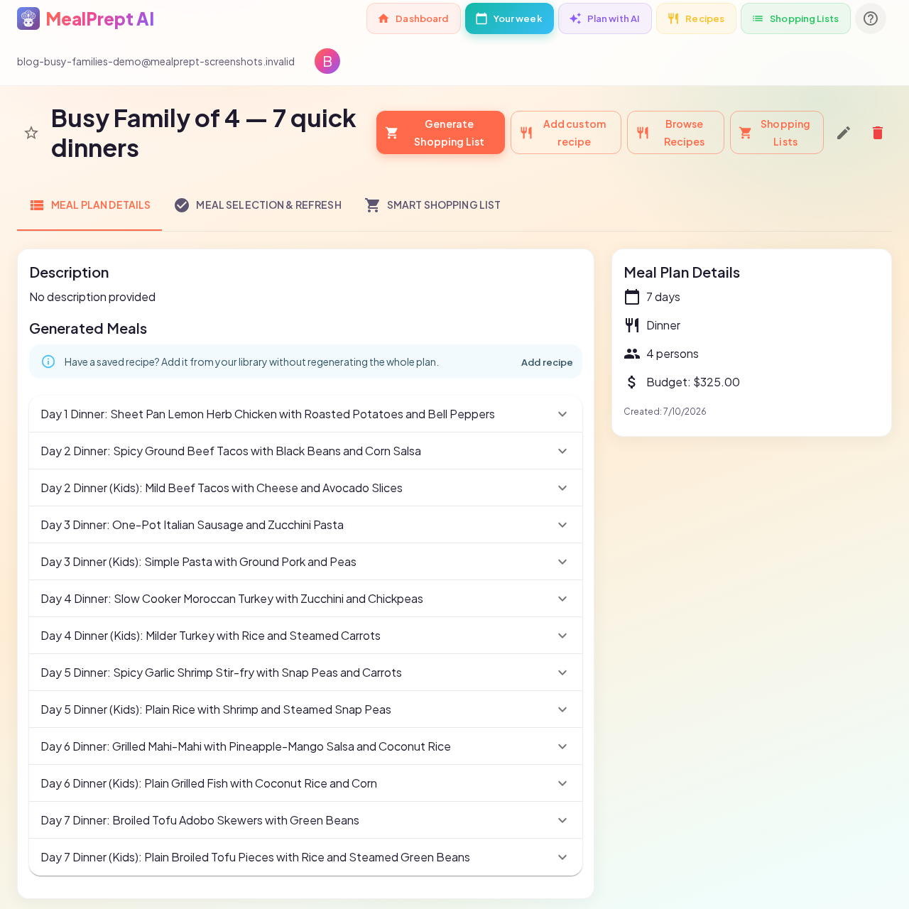 Day 1 dinners in a MealPrept AI 7-day family meal plan ideas and shopping list on a budget