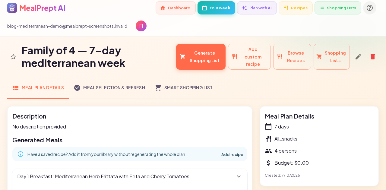 MealPrept AI 7-day mediterranean meal plan and Instacart list for a family of four