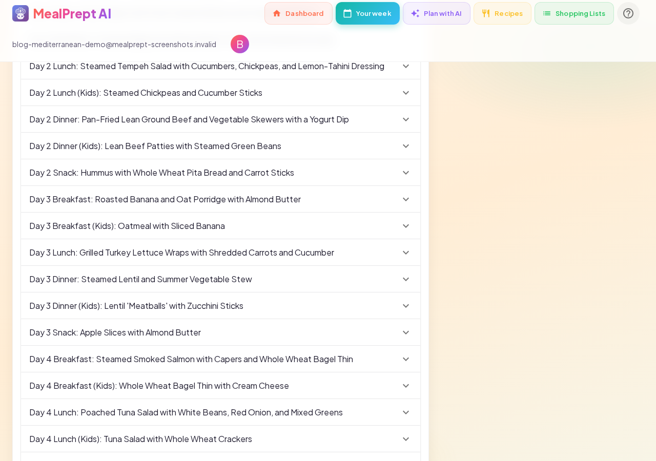 MealPrept AI 7-day Mediterranean meal plan for a family of four