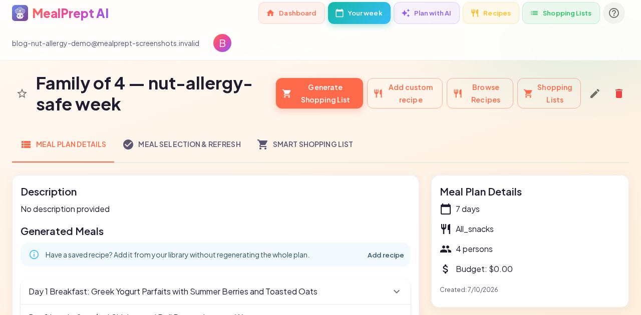 MealPrept AI 7-day nut-allergy-safe meal plan and Instacart list for a family of four