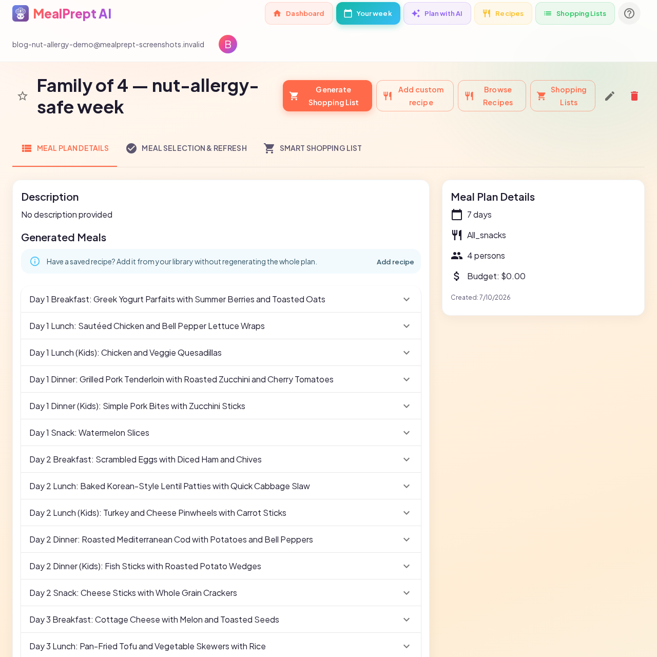 Saved MealPrept AI nut-allergy-safe meal plan Day 1
