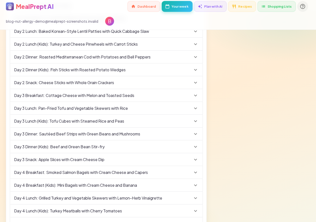MealPrept AI 7-day nut-allergy-safe meal plan for a family of four