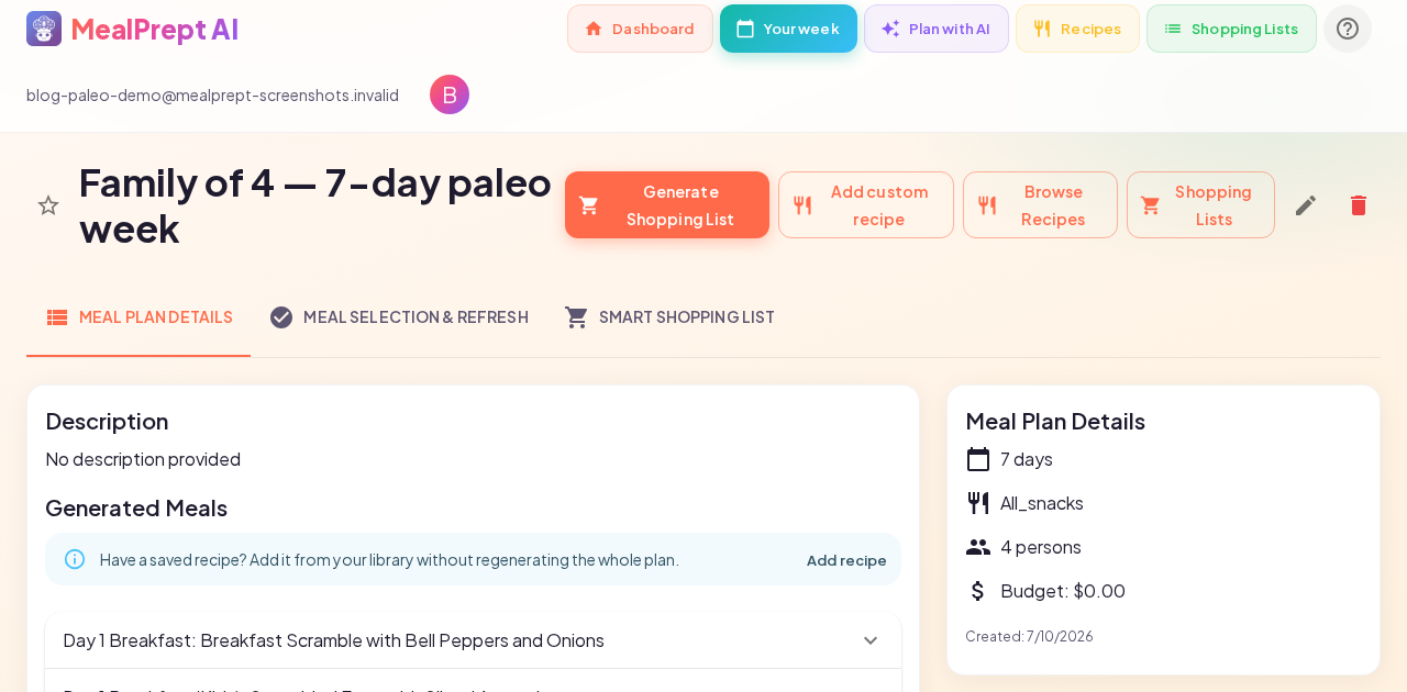 MealPrept AI 7-day paleo meal plan and Instacart list for a family of four