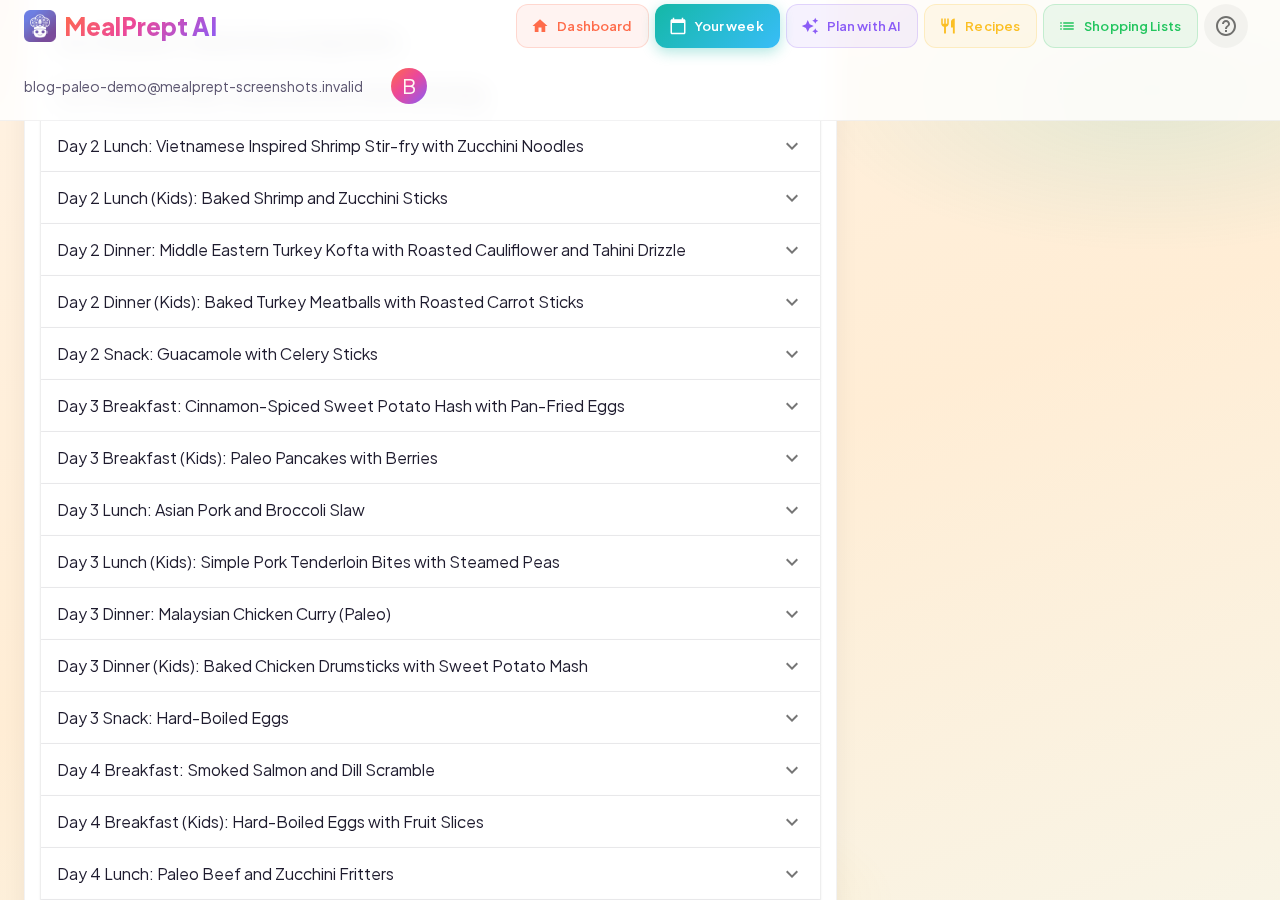 MealPrept AI 7-day paleo meal plan for a family of four