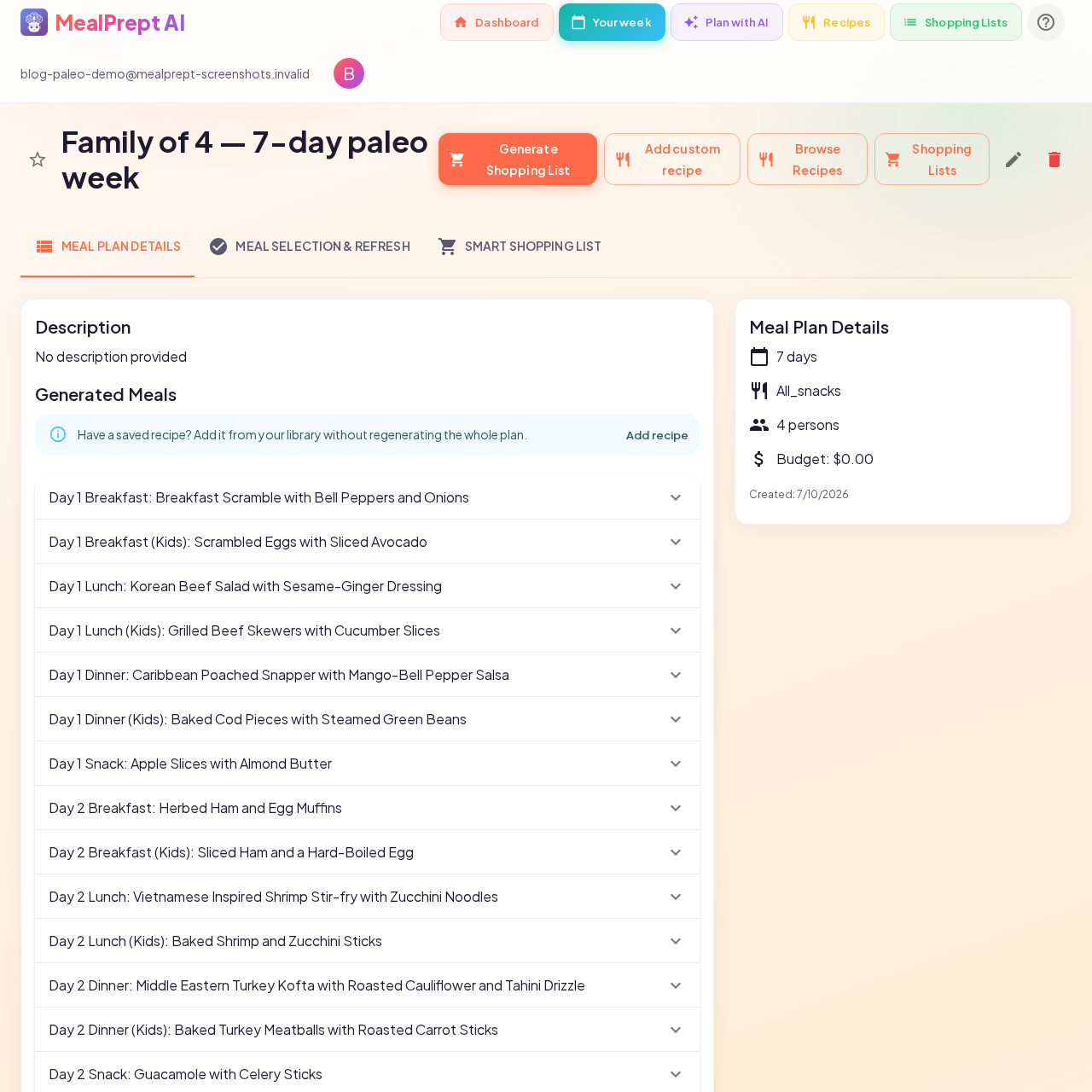 Day 1 paleo meals and snacks in MealPrept AI