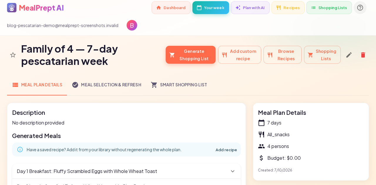 MealPrept AI 7-day pescatarian meal plan and Instacart list for a family of four