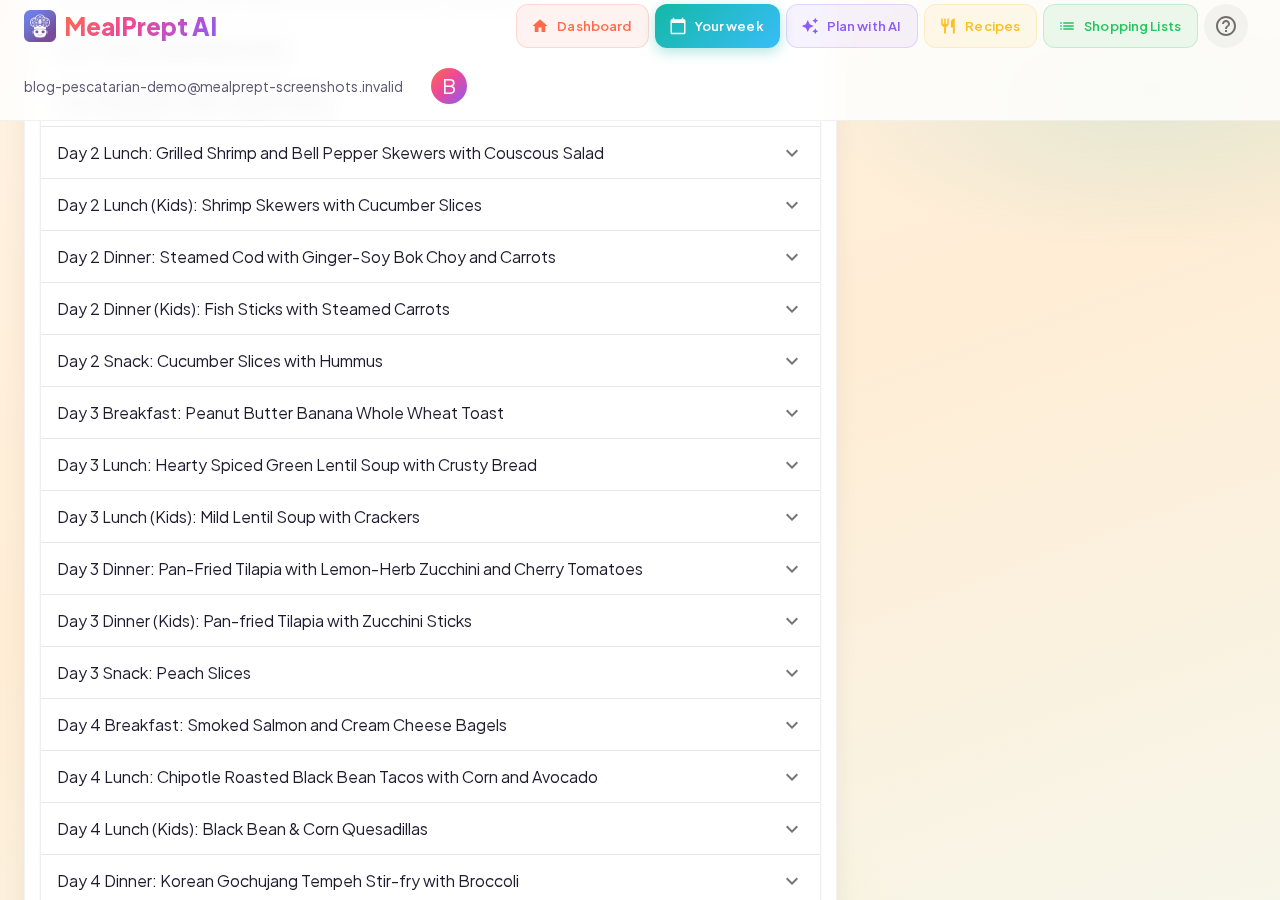 MealPrept AI 7-day pescatarian meal plan for a family of four