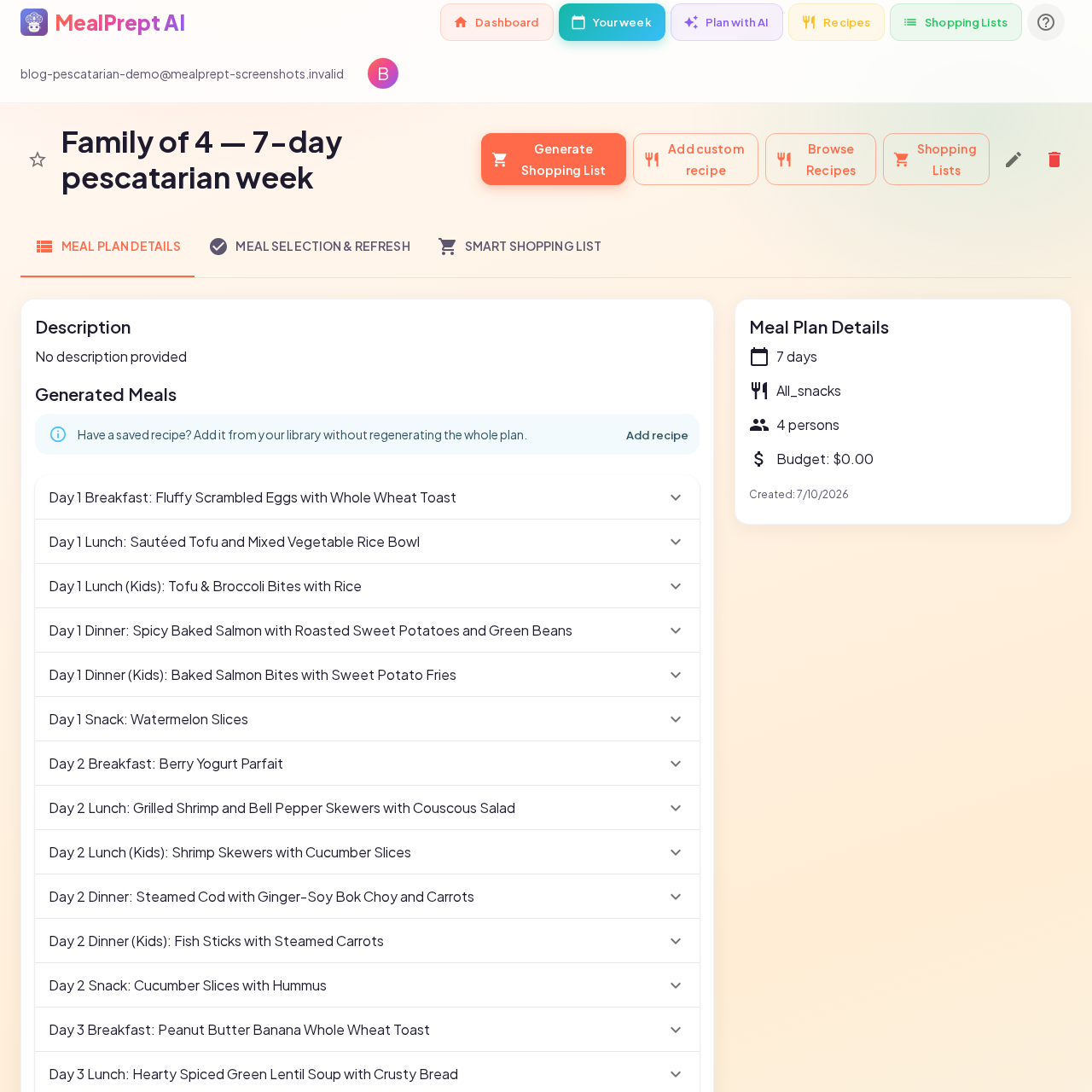 Day 1 pescatarian meals and snacks in MealPrept AI