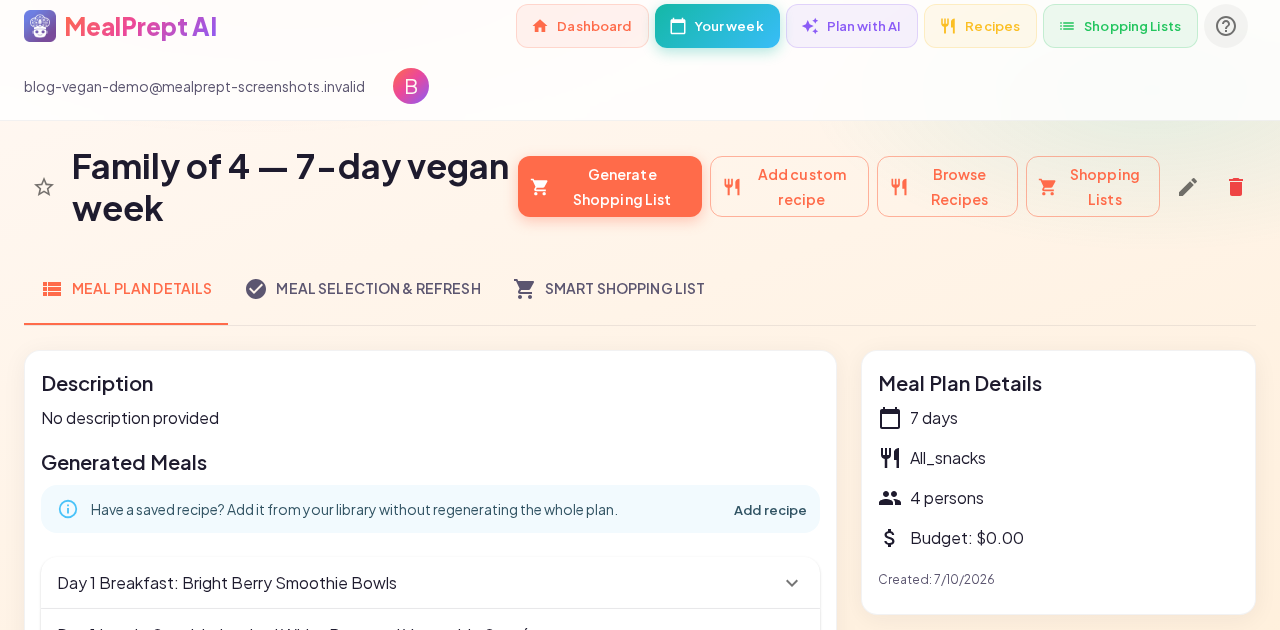 MealPrept AI 7-day vegan meal plan and Instacart list for a family of four