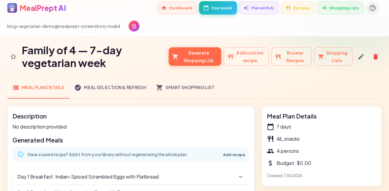 MealPrept AI 7-day vegetarian meal plan and Instacart list for a family of four