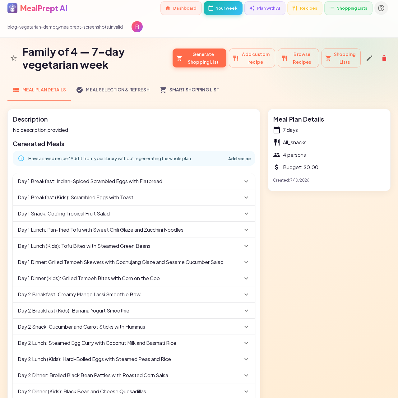 Saved MealPrept AI vegetarian meal plan Day 1