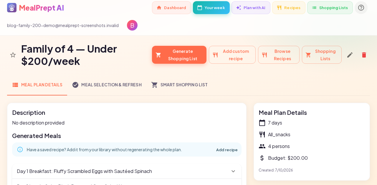 MealPrept AI weekly meal plan and Instacart shopping list for a family of four under $200