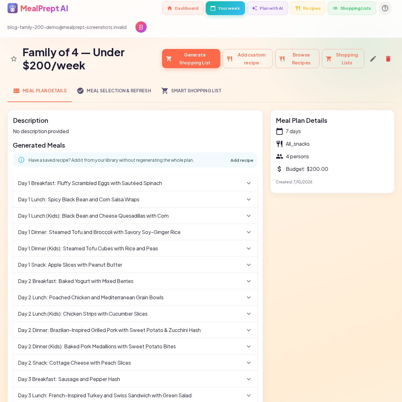 Saved MealPrept AI meal plan showing Day 1 breakfast lunch dinner and snacks for family of four