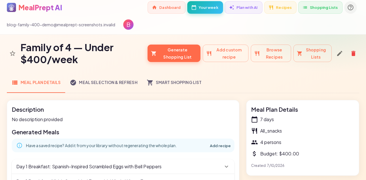 MealPrept AI weekly meal plan and Instacart shopping list for a family of four under $400