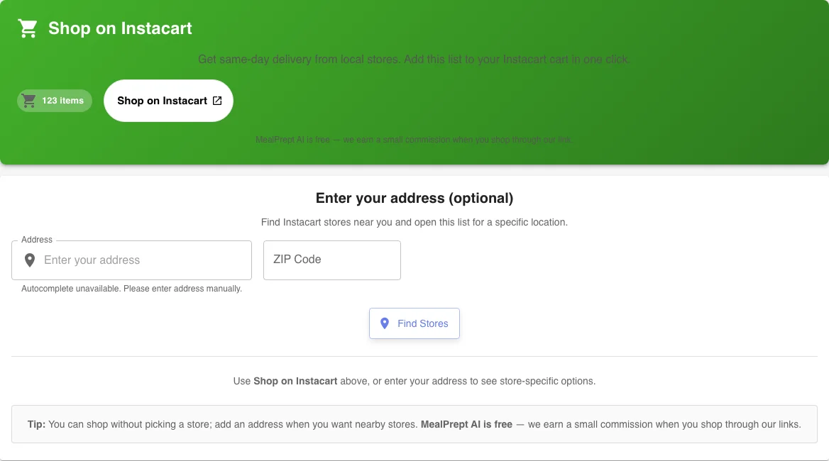 Shop on Instacart button on a MealPrept AI shopping list for a family of four weekly grocery plan