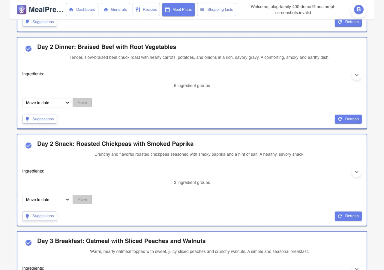 MealPrept AI AI-generated 7-day meal plan for a family of four with all meals and snacks