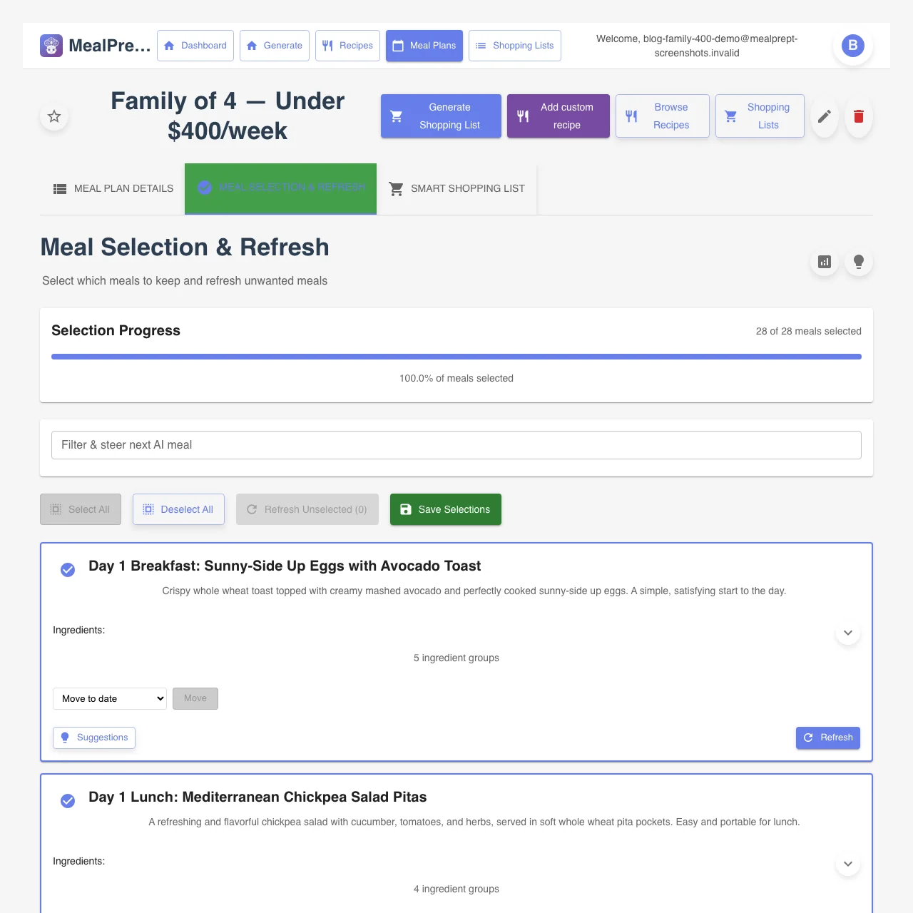 Day 1 breakfast lunch dinner and snacks in a MealPrept AI generated family meal plan